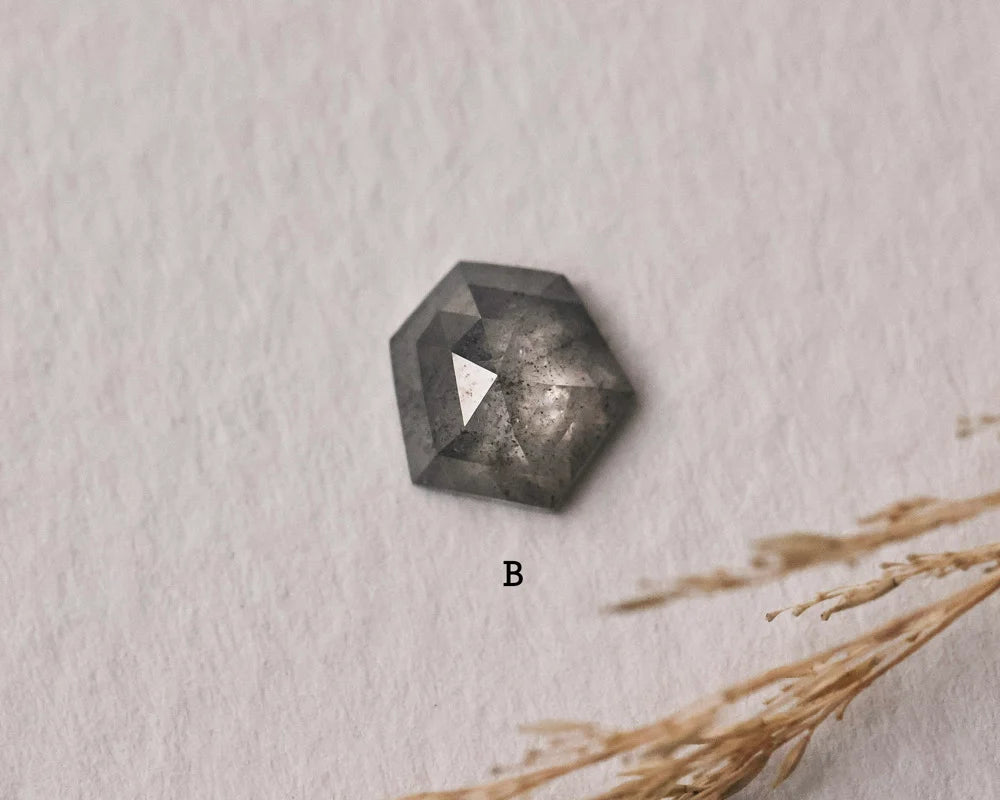 Medium grey rose-cut hexagon diamond option B for handmade trilogy ring