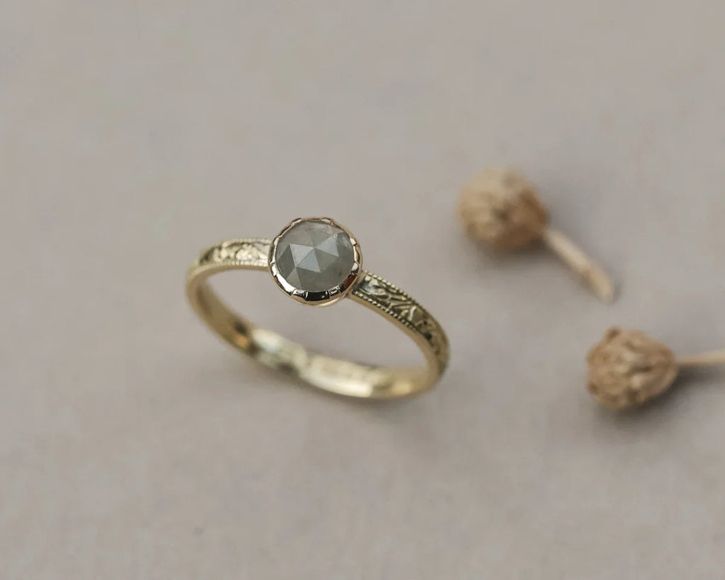 Pale grey rose-cut diamond ring in 18ct yellow gold