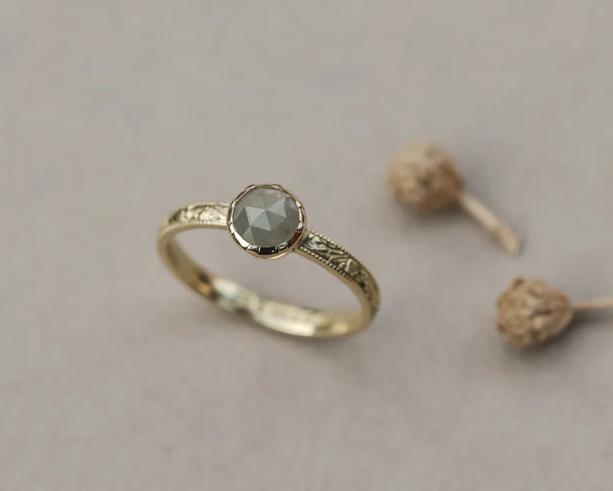 Pale grey rose-cut diamond ring in 18ct yellow gold