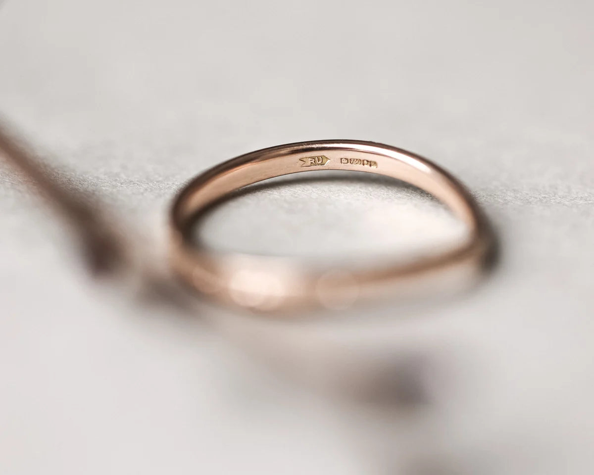 Rose gold ring on a light gray background