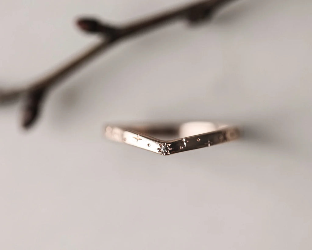 star set diamond wishbone ring 18ct rose gold 2mm champagne diamond