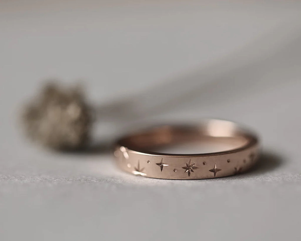 star set champagne diamond wedding ring 18ct rose gold 3mm flat court