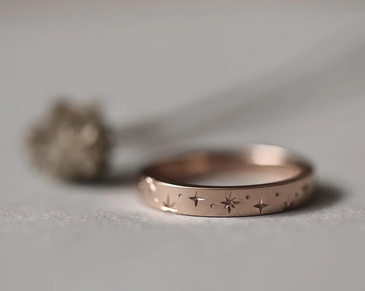 star set champagne diamond wedding ring 18ct rose gold 3mm flat court
