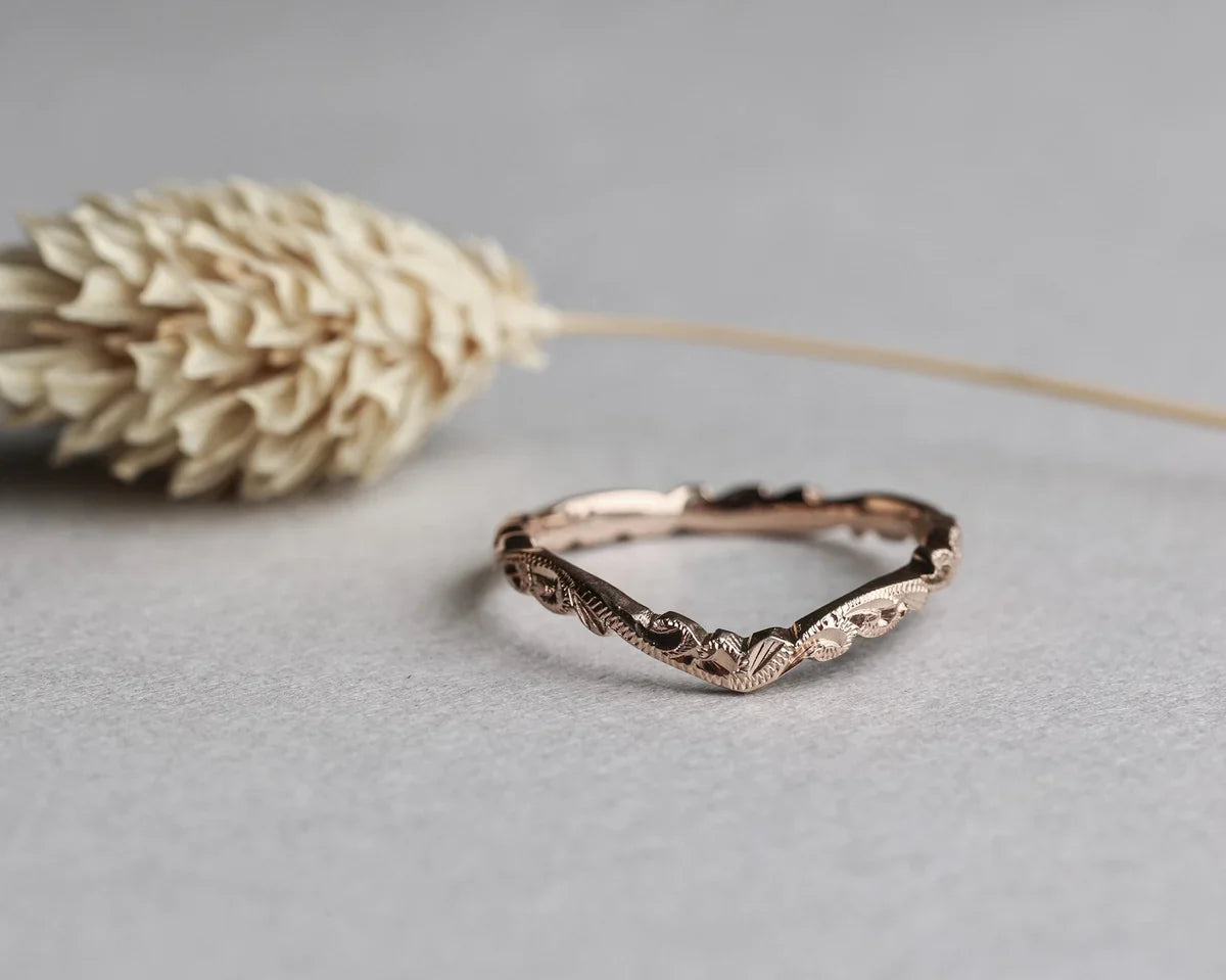 floral carved wishbone wedding ring 18ct rose gold 2mm handmade London
