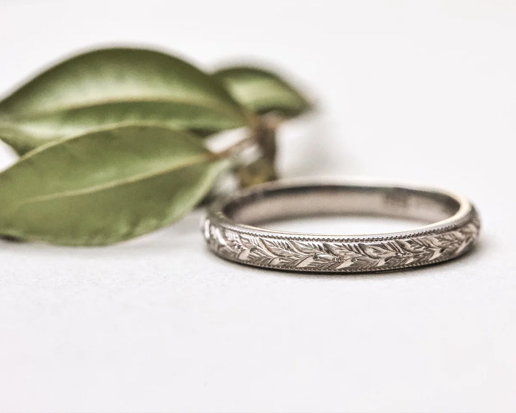 white gold wedding band 3mm laurel engraving beaded edge court shape