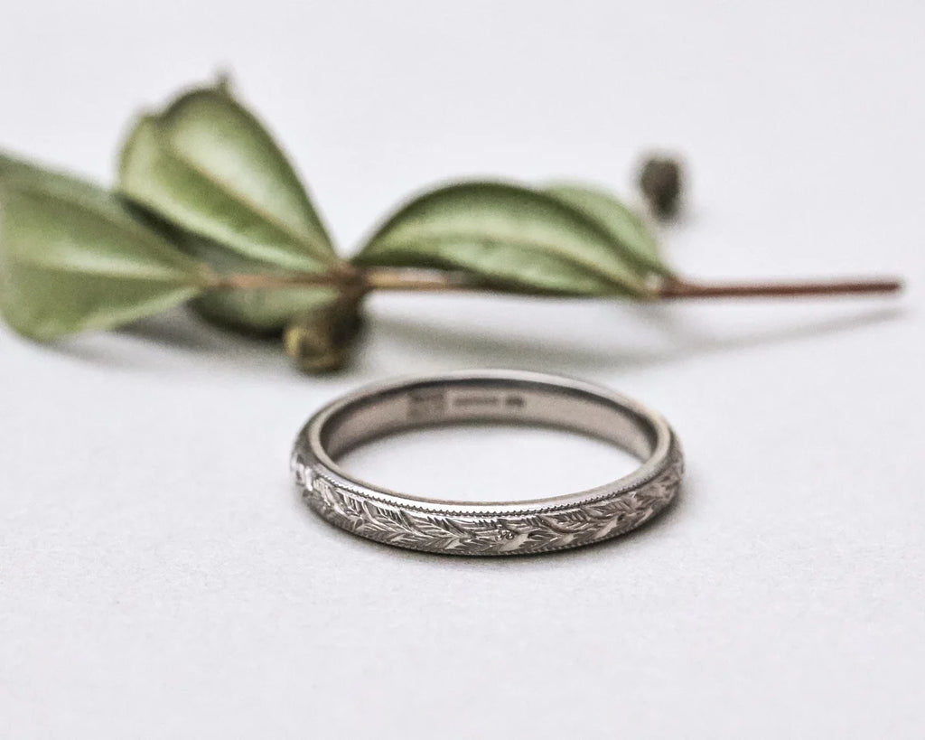 3mm 18ct white gold wedding ring laurel leaf engraved milled edge court band