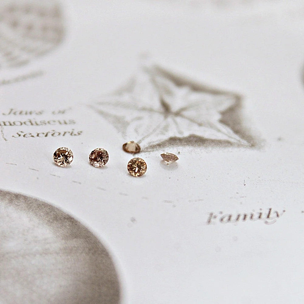 Rose gold stud earrings on a textured surface with text