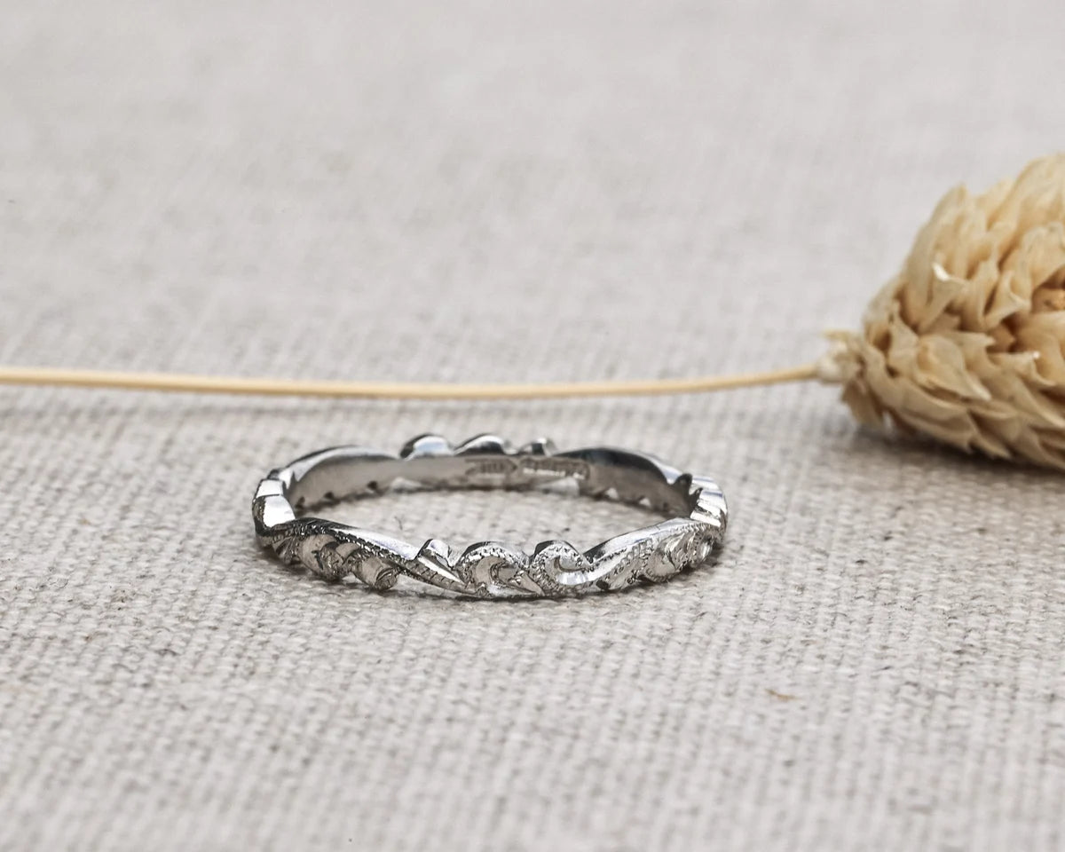 floral carved wedding ring platinum 2mm handmade London