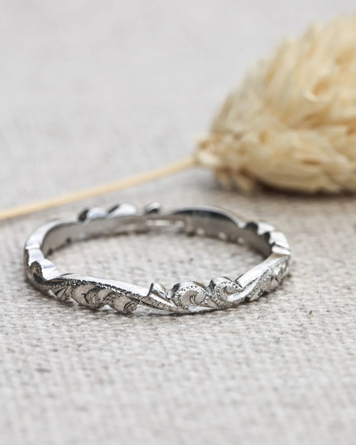 floral carved wedding ring platinum 2mm handmade London