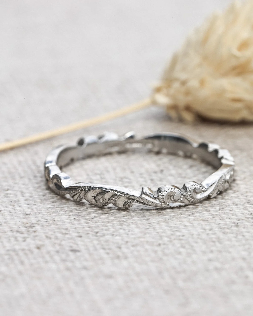 floral carved wedding ring platinum 2mm handmade London