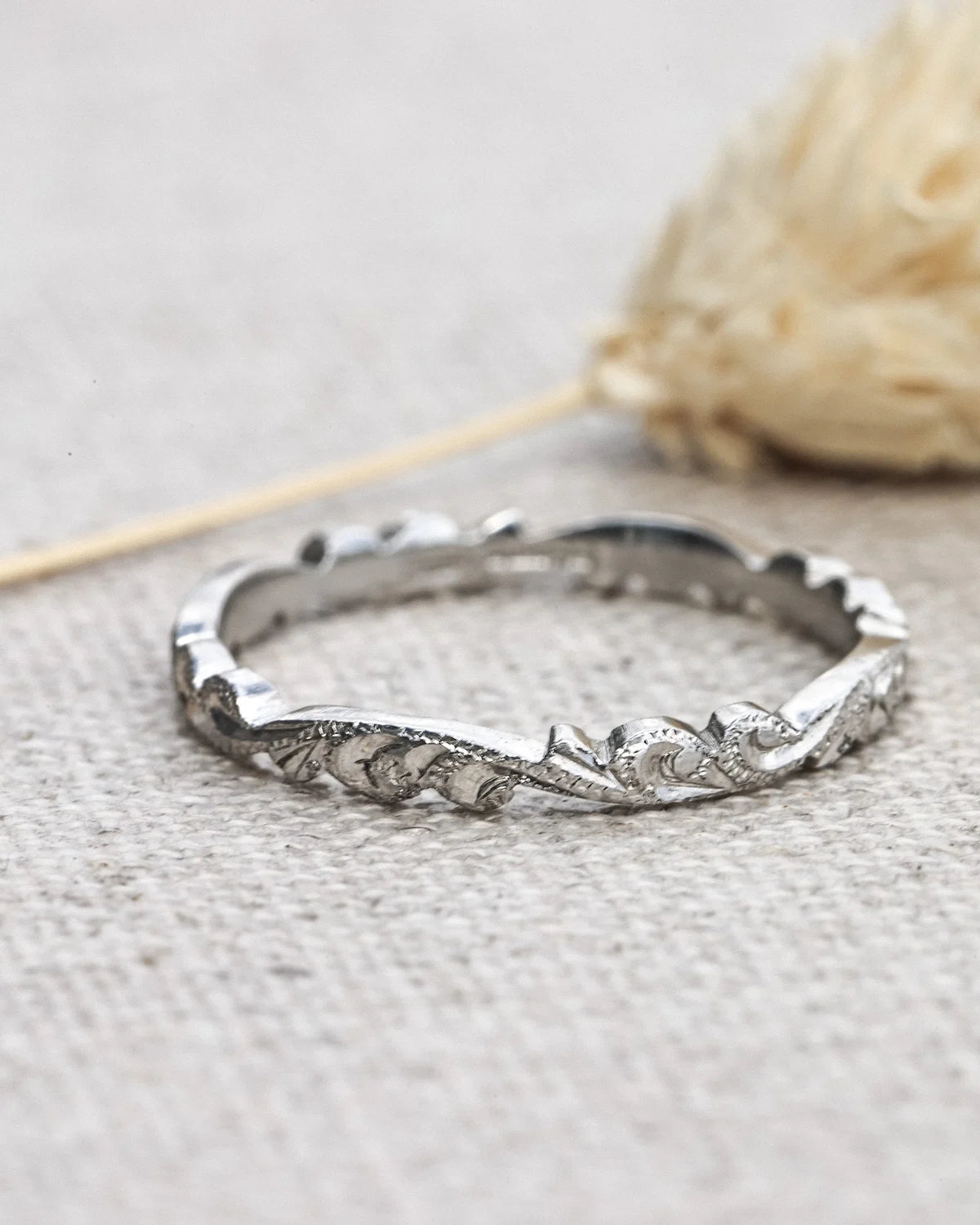 floral carved wedding ring platinum 2mm handmade London