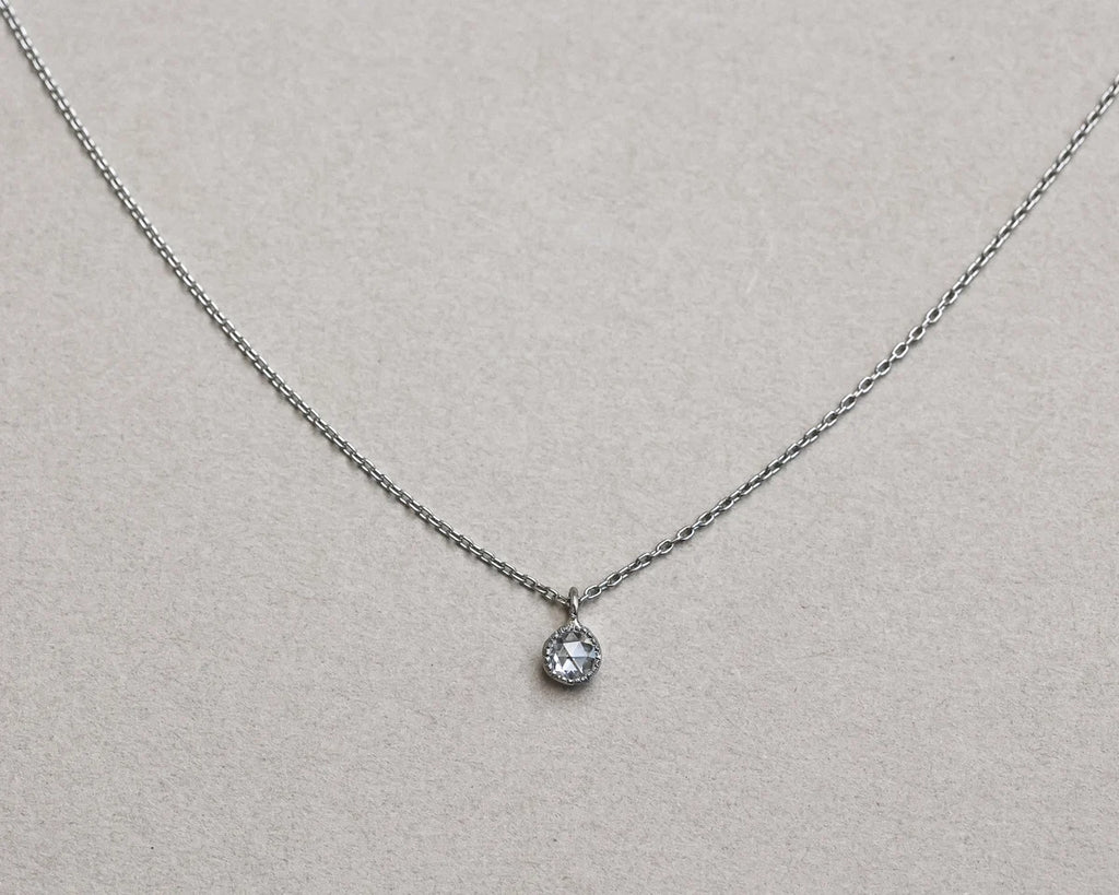 soft sparkle rose cut diamond detail small platinum pendant