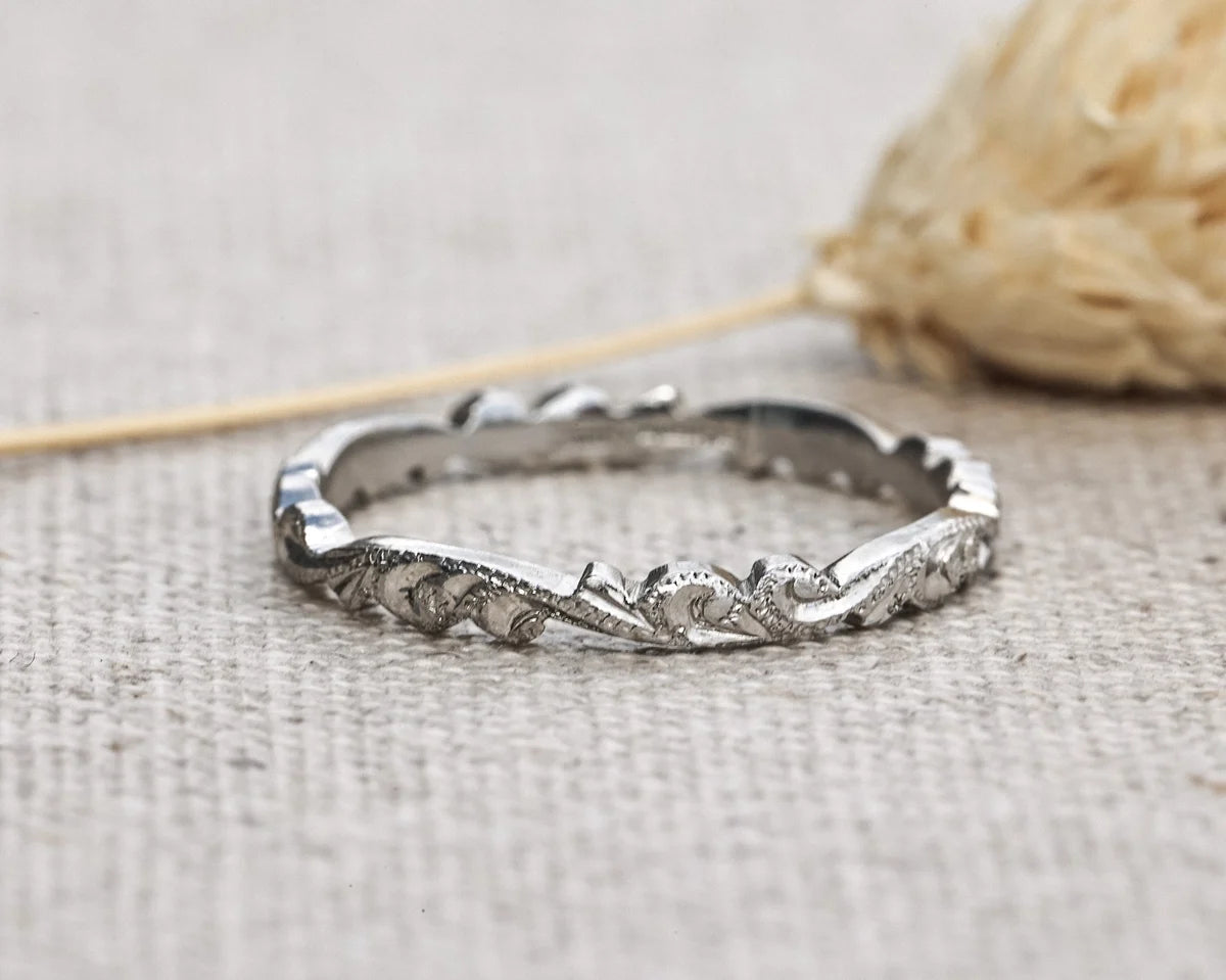 floral carving detail platinum wedding ring 2mm band