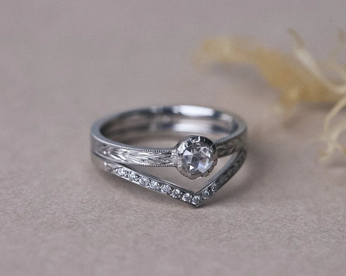  Handmade platinum rose-cut diamond ring paired with a wishbone diamond band