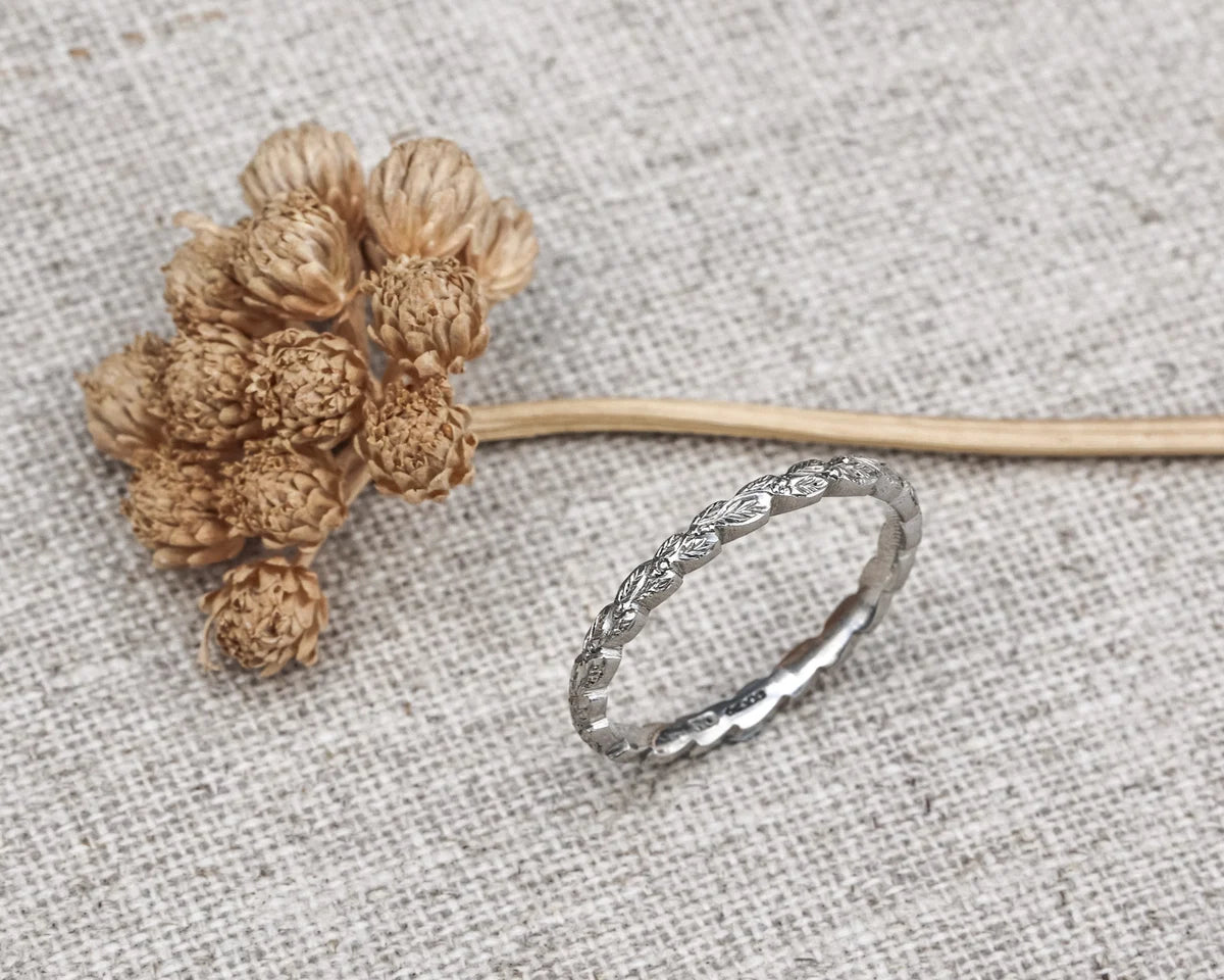 Laurel leaf carved wedding ring platinum 2mm handmade London
