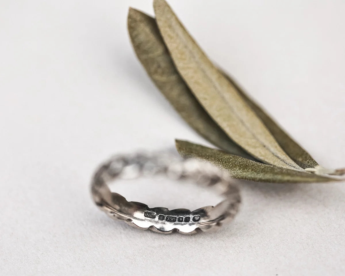 Silver ring with textured design on a light surface with green leaves.