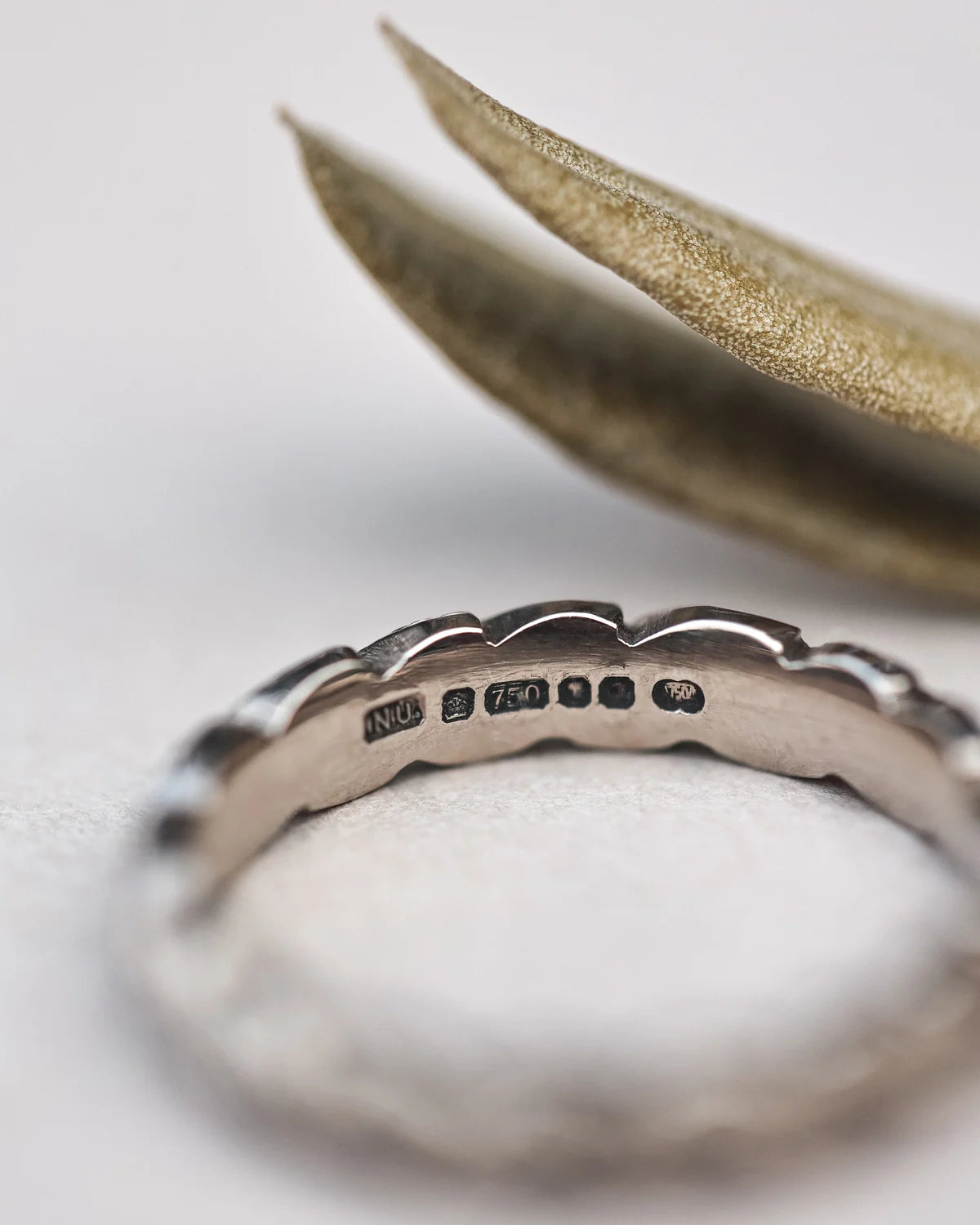 Close-up of a silver ring with engraved details on a white background