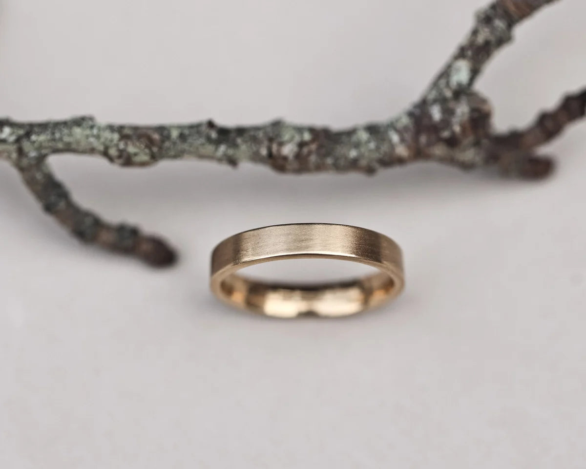 flat court wedding ring 4mm 9ct gold matte finish handmade London