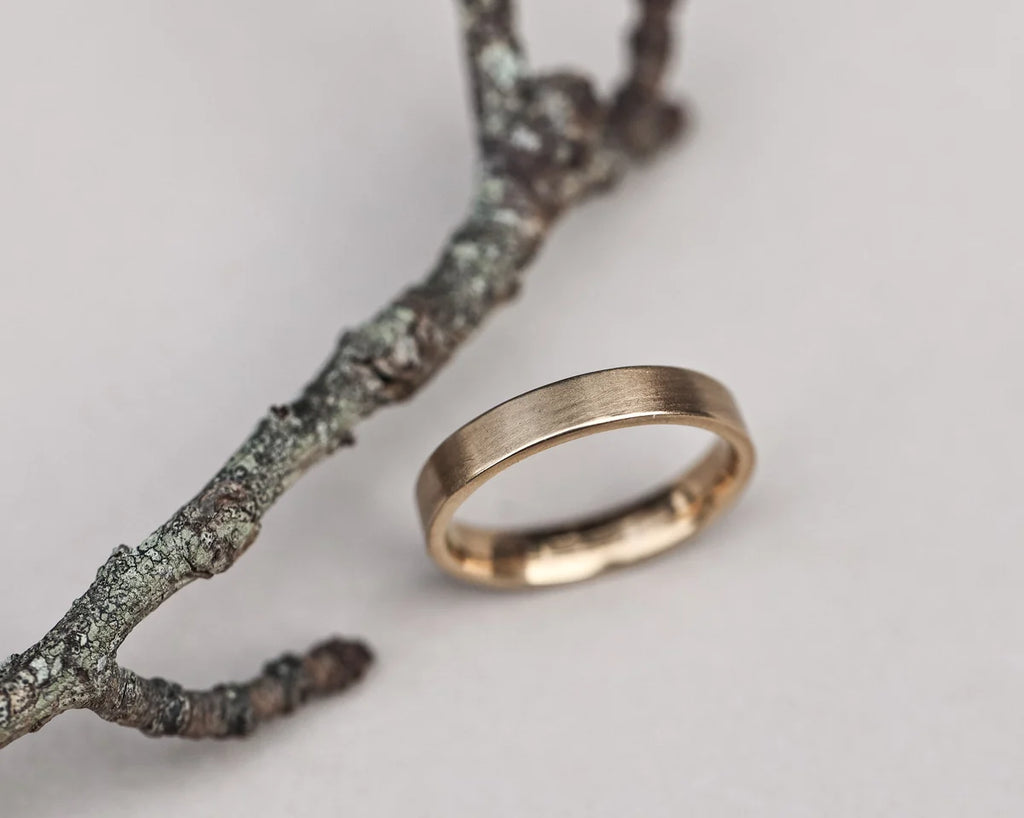 Gold ring on a branch with a white background