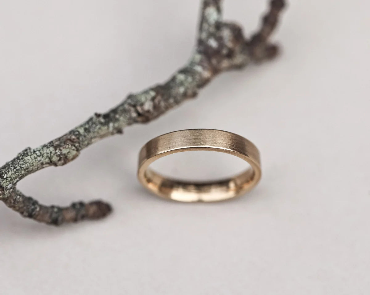 Gold ring on a branch with a white background