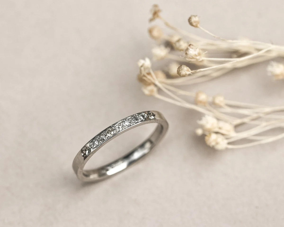 slim platinum diamond band grey diamonds minimalist wedding ring