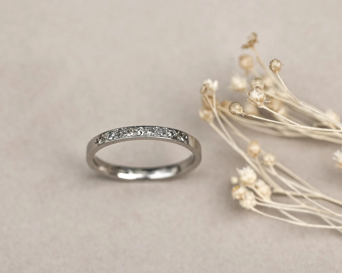 platinum wedding band 2mm salt and pepper diamonds ring