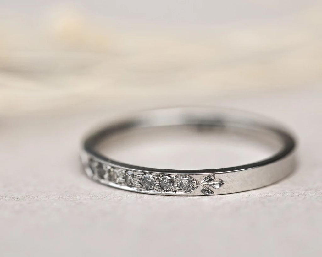 leaf engraving detail platinum ring grey diamond band