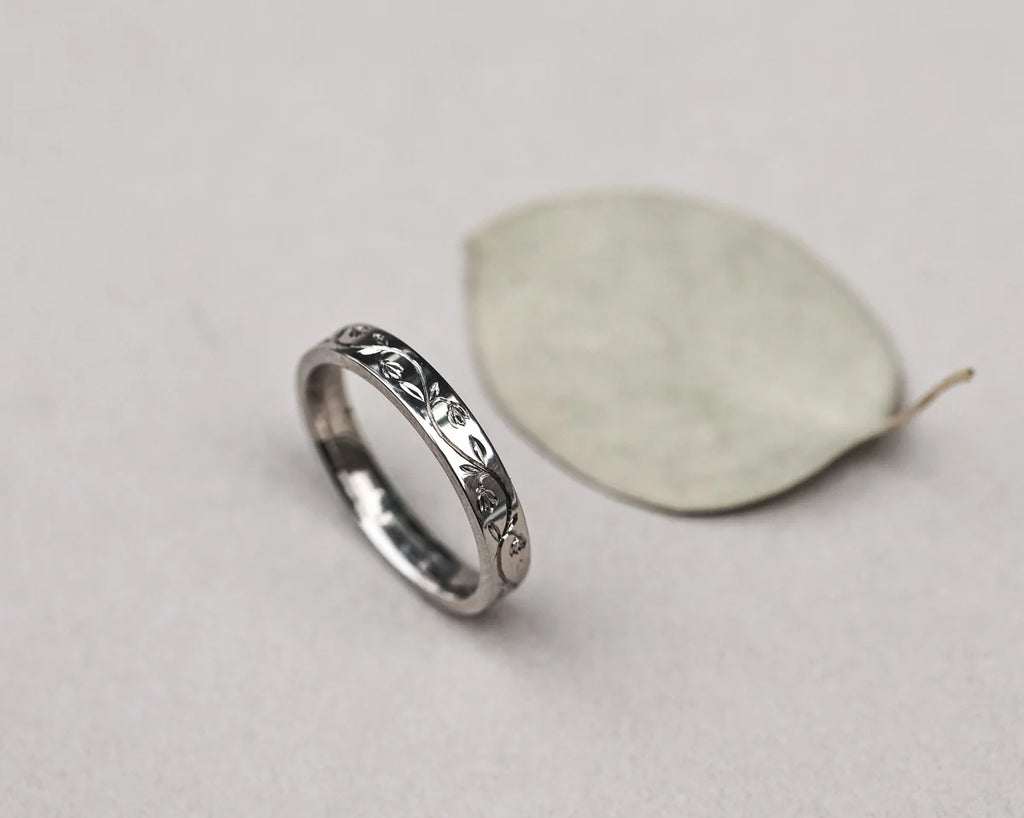 white gold wedding band 3mm snowdrop flower engraving minimalist ring