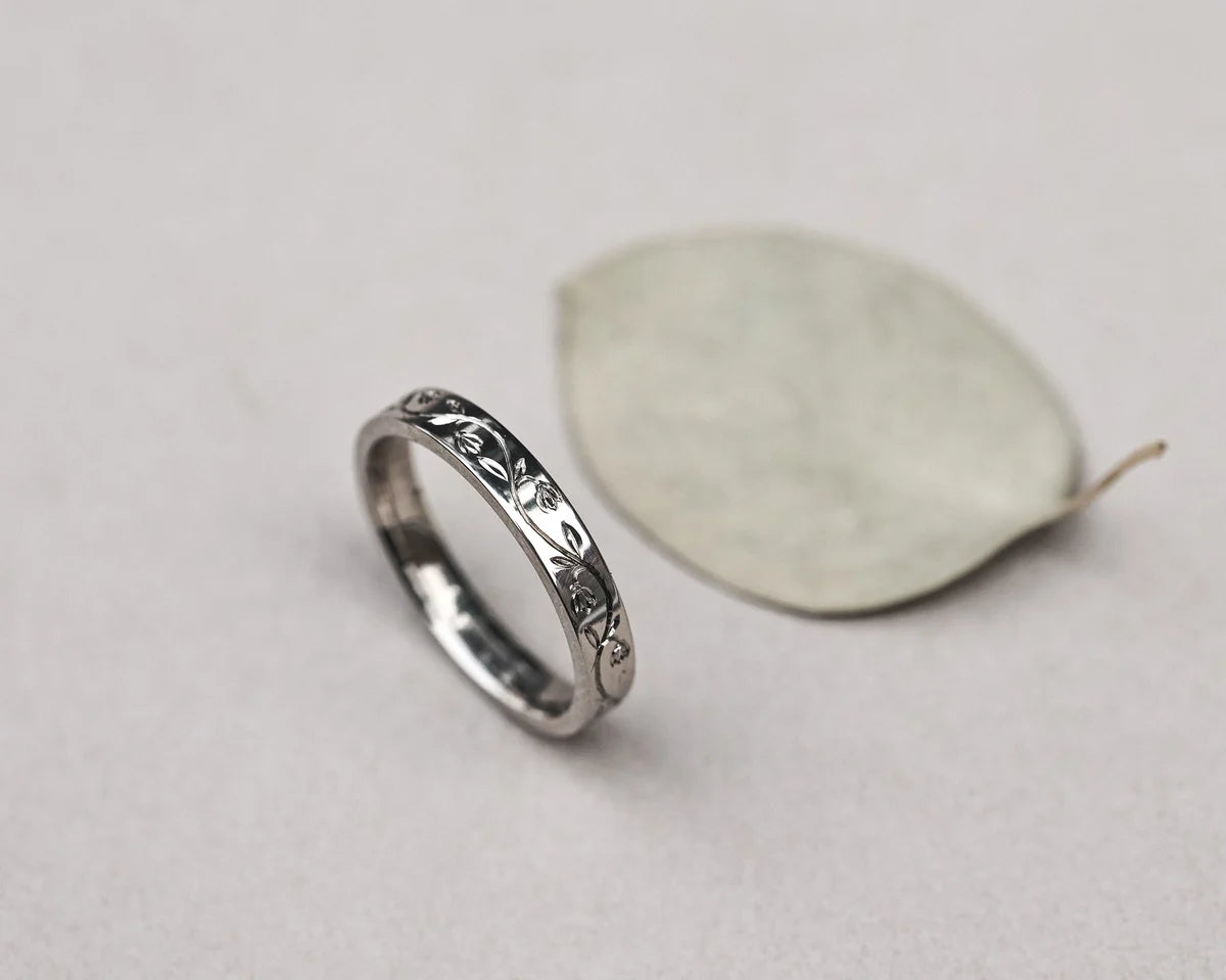 white gold wedding band 3mm snowdrop flower engraving minimalist ring