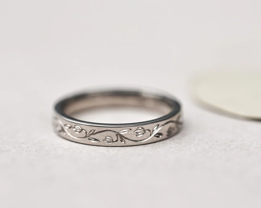 fine floral engraving snowdrop detail white gold ring