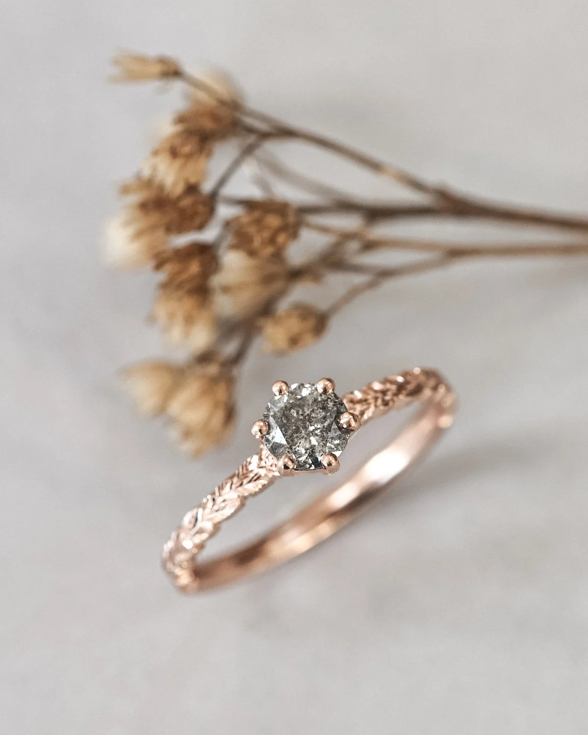 unique grey diamond ring rose gold laurel design engagement ring