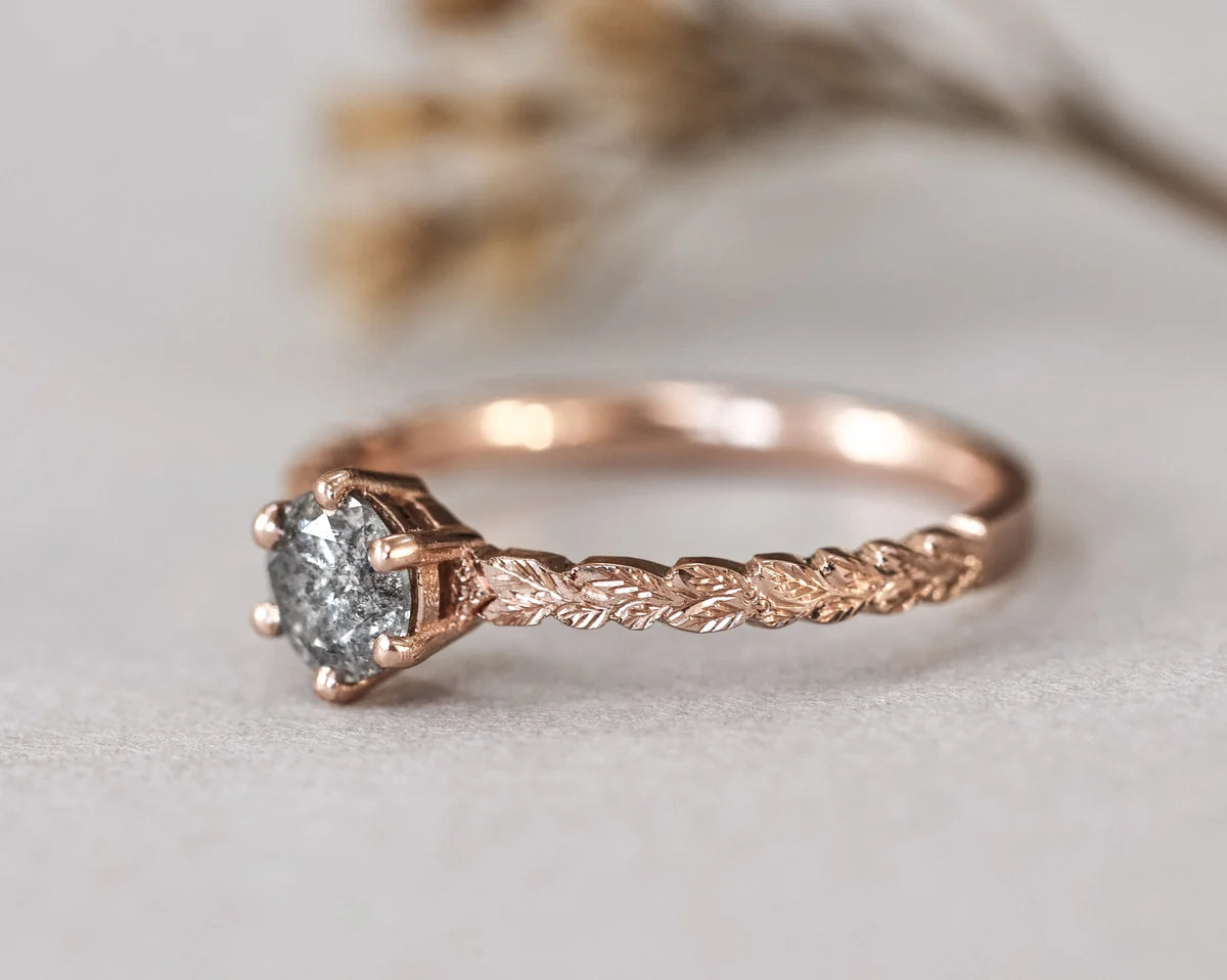 side view rose gold ring grey diamond and engraved band