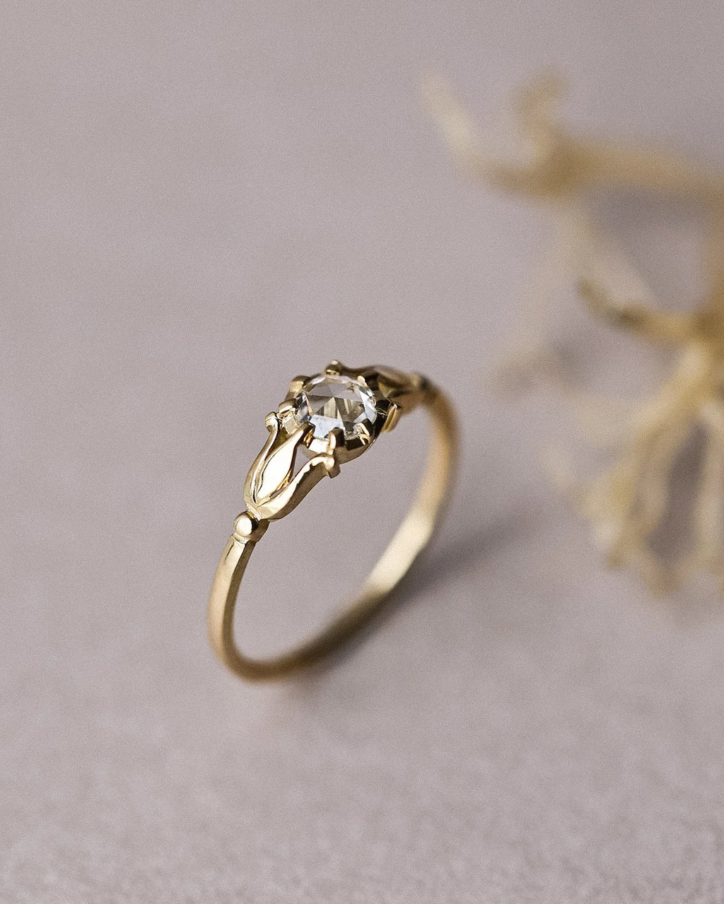 Handmade 18ct yellow gold rose-cut diamond ring with Fleur de Lys engraving