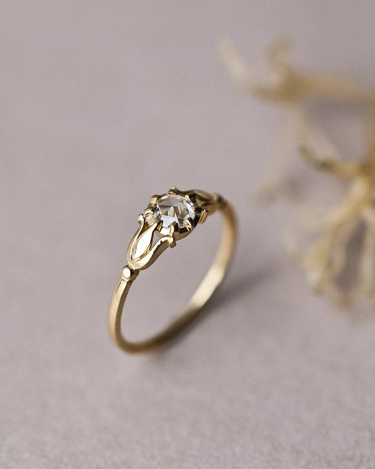 Handmade 18ct yellow gold rose-cut diamond ring with Fleur de Lys engraving