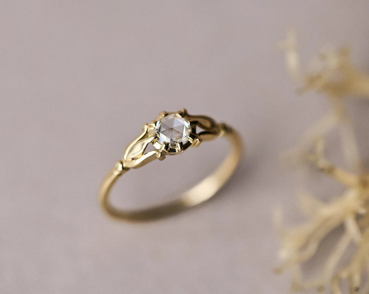 Delicate rose-cut diamond engagement ring in 18ct yellow gold