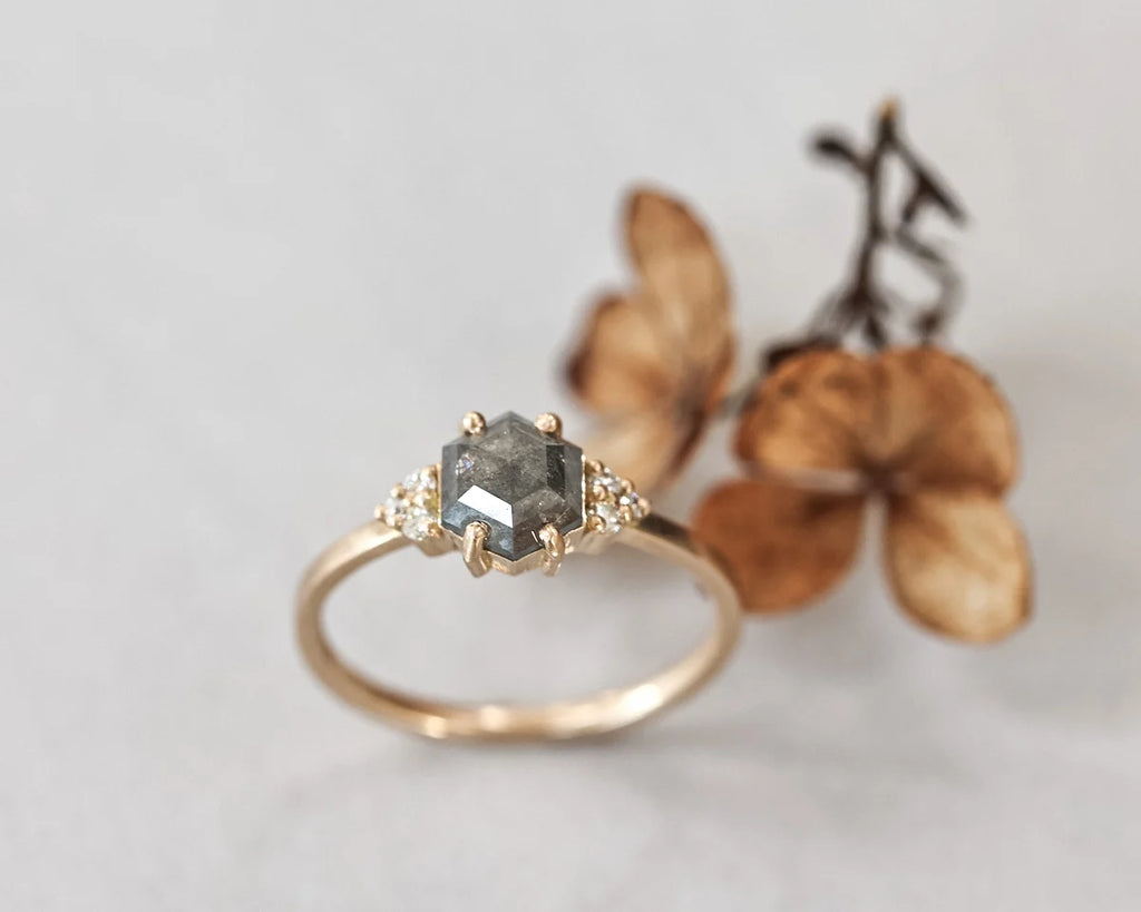 Hexagonal rose-cut dark grey diamond ring in 18ct yellow gold