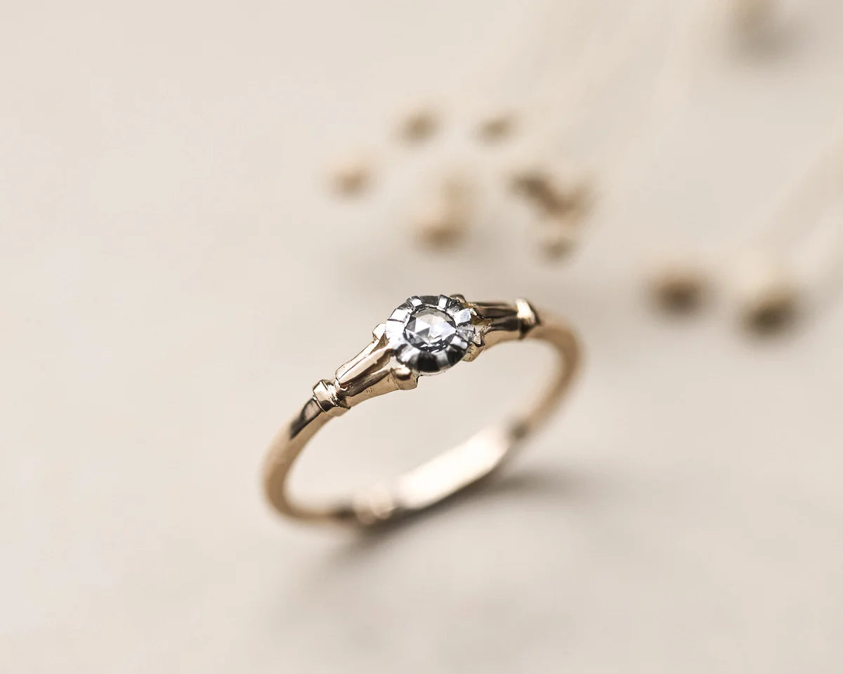 rose cut diamond ring fleur de lys detail 18ct gold platinum handmade London