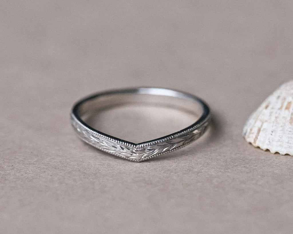 2mm olive leaf and milled edge wishbone wedding ring in platinum