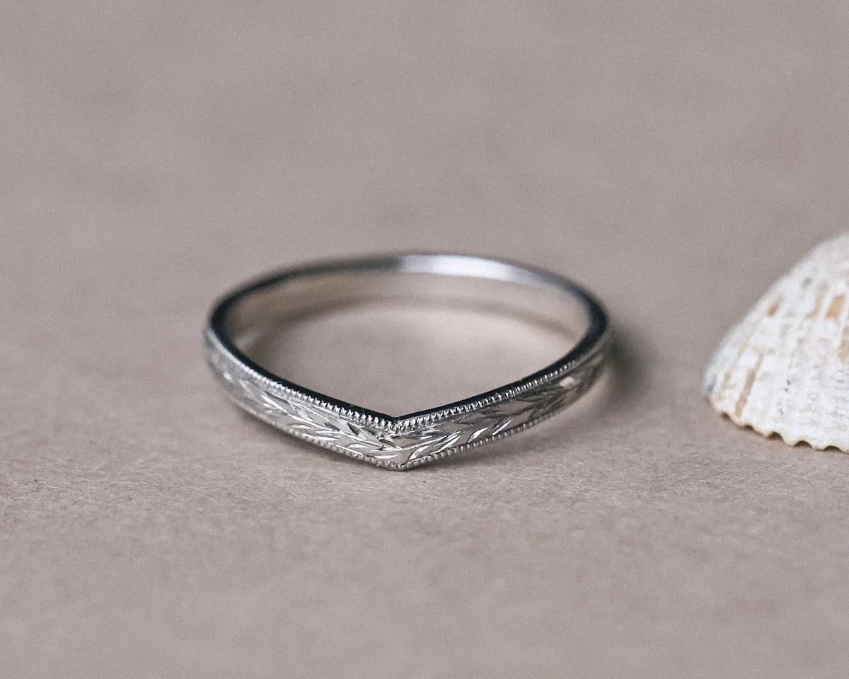 2mm olive leaf and milled edge wishbone wedding ring in platinum