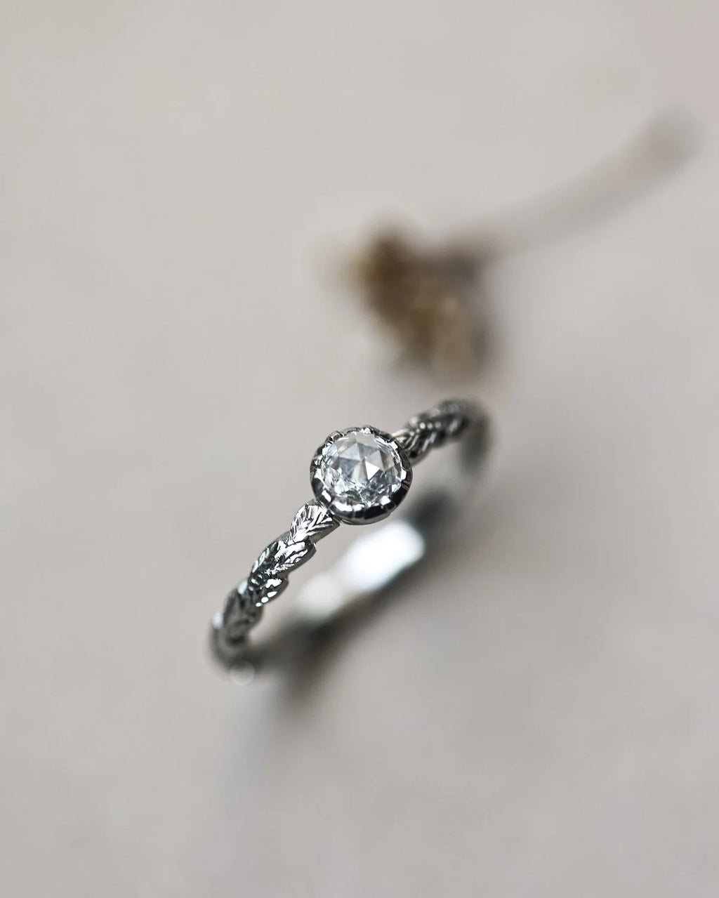 4mm Rose-Cut Diamond Laurel Leaf Ring in Platinum