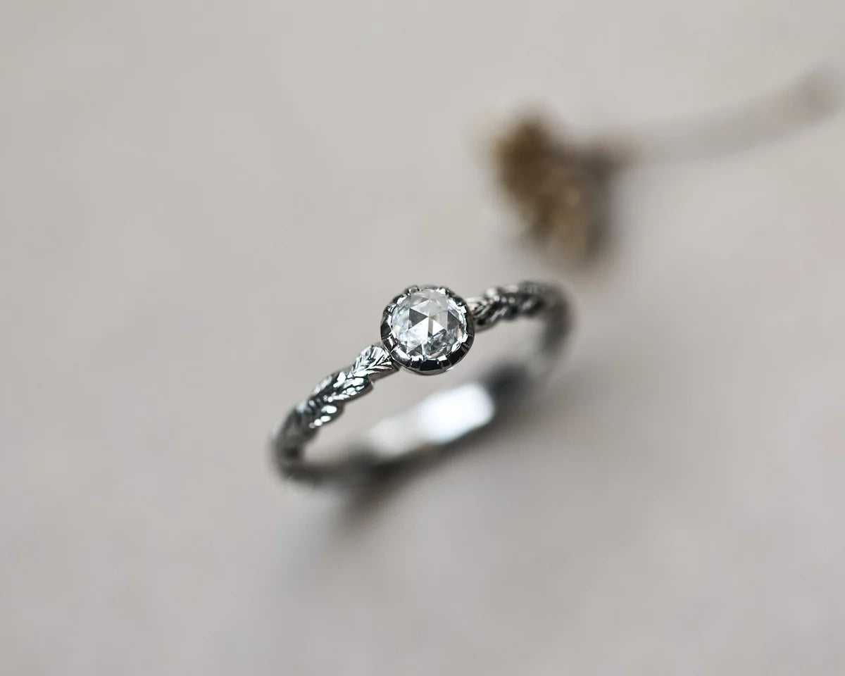 A silver-toned twisted band ring with a round clear gemstone, photographed on a soft light gray background with a blurred dried flower prop.