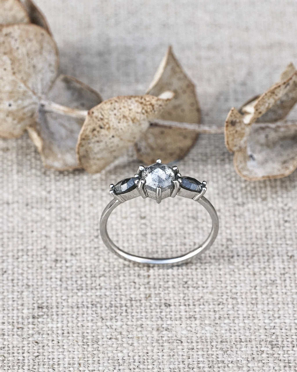 A silver ring with a central clear round gemstone and two small marquise-cut dark gray side stones, displayed on a textured beige fabric with dried botanical leaves in the background.