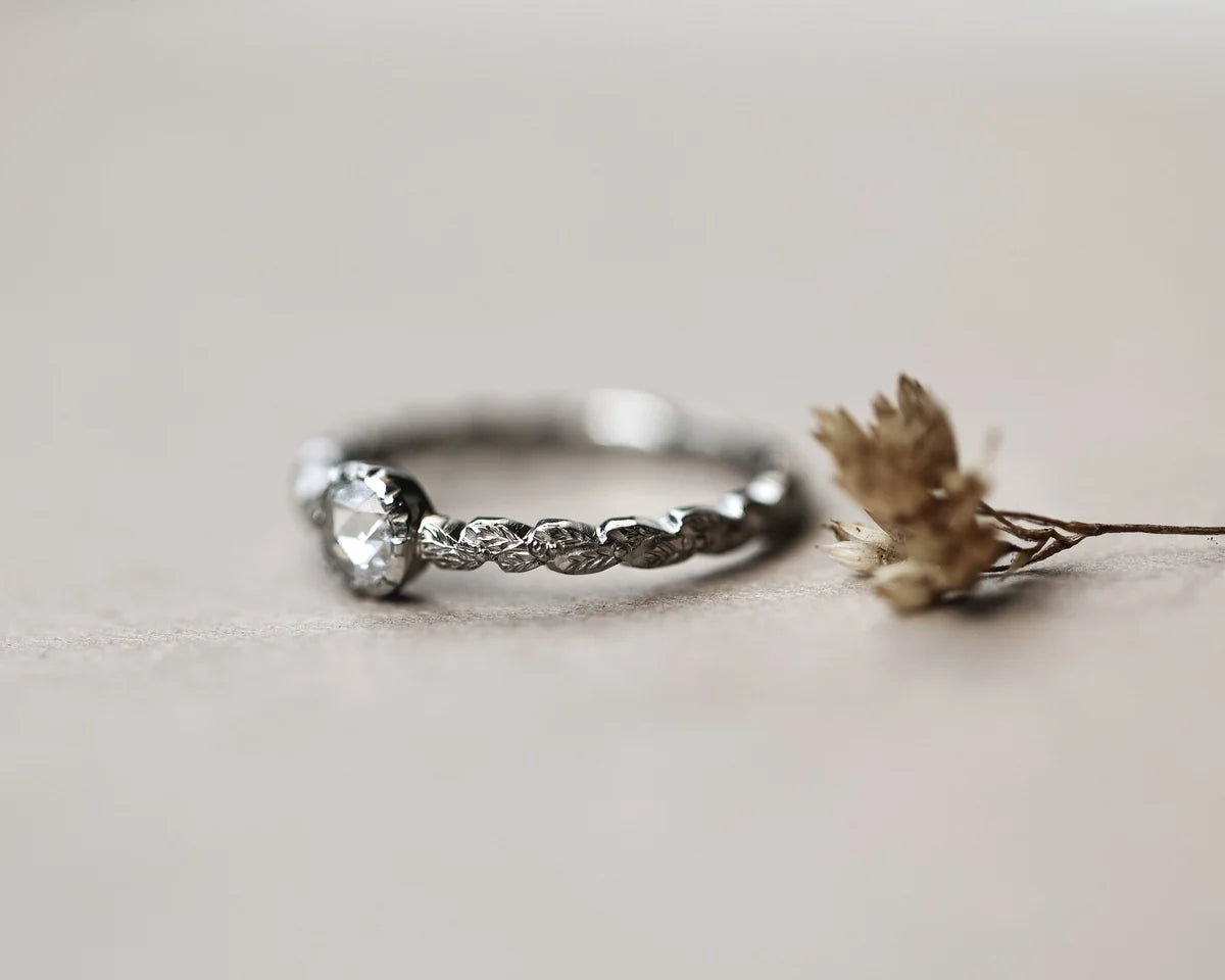 4mm Rose-Cut Diamond Laurel Leaf Ring in Platinum