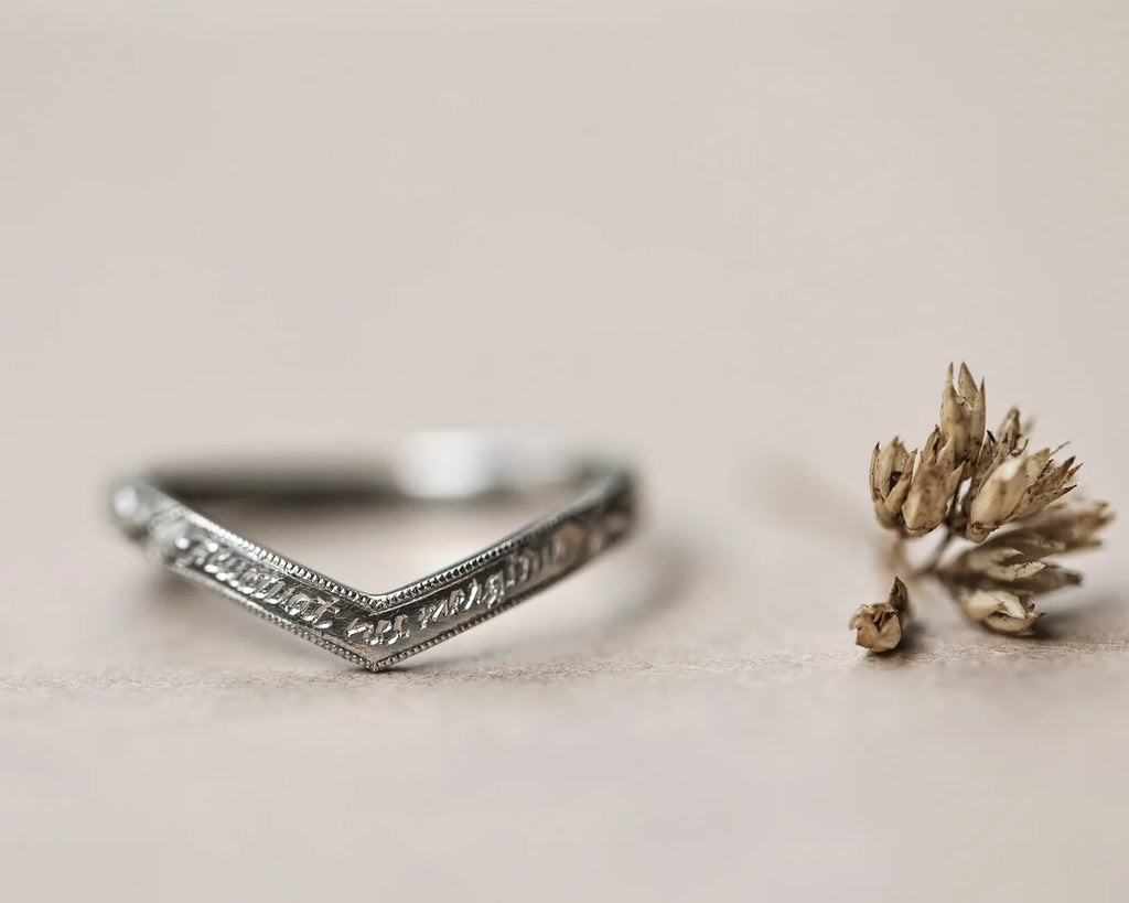 latin engraved wishbone wedding ring platinum 2mm milled edge handmade London