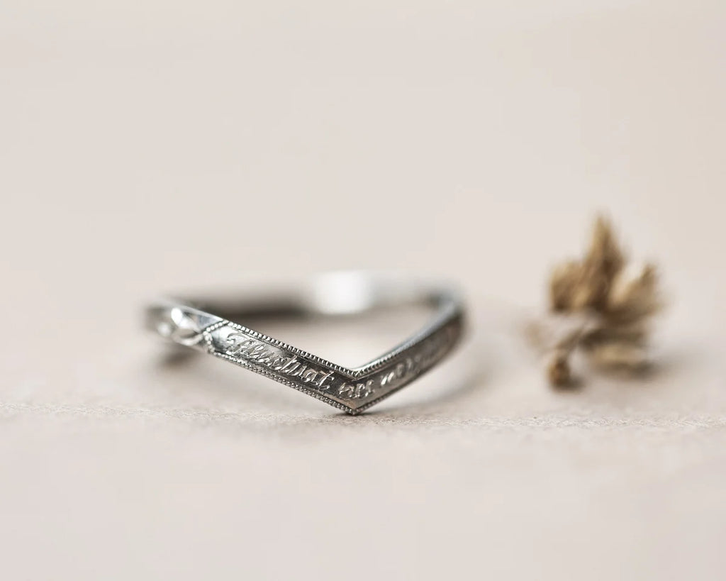 latin engraving detail platinum wishbone ring inscription