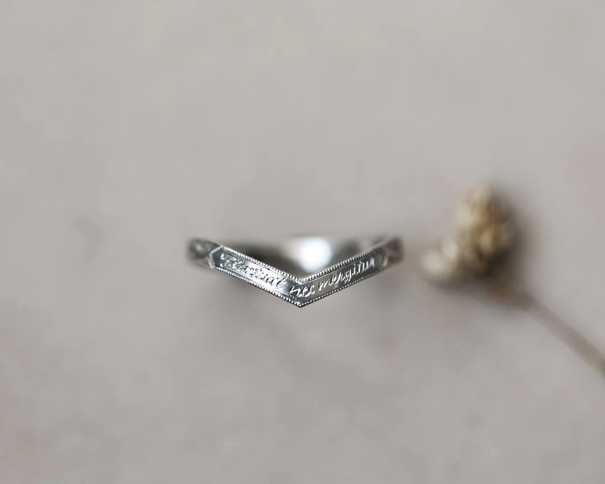 Latin Engraved Wishbone Wedding Ring in Platinum (2mm, Milled Edge)