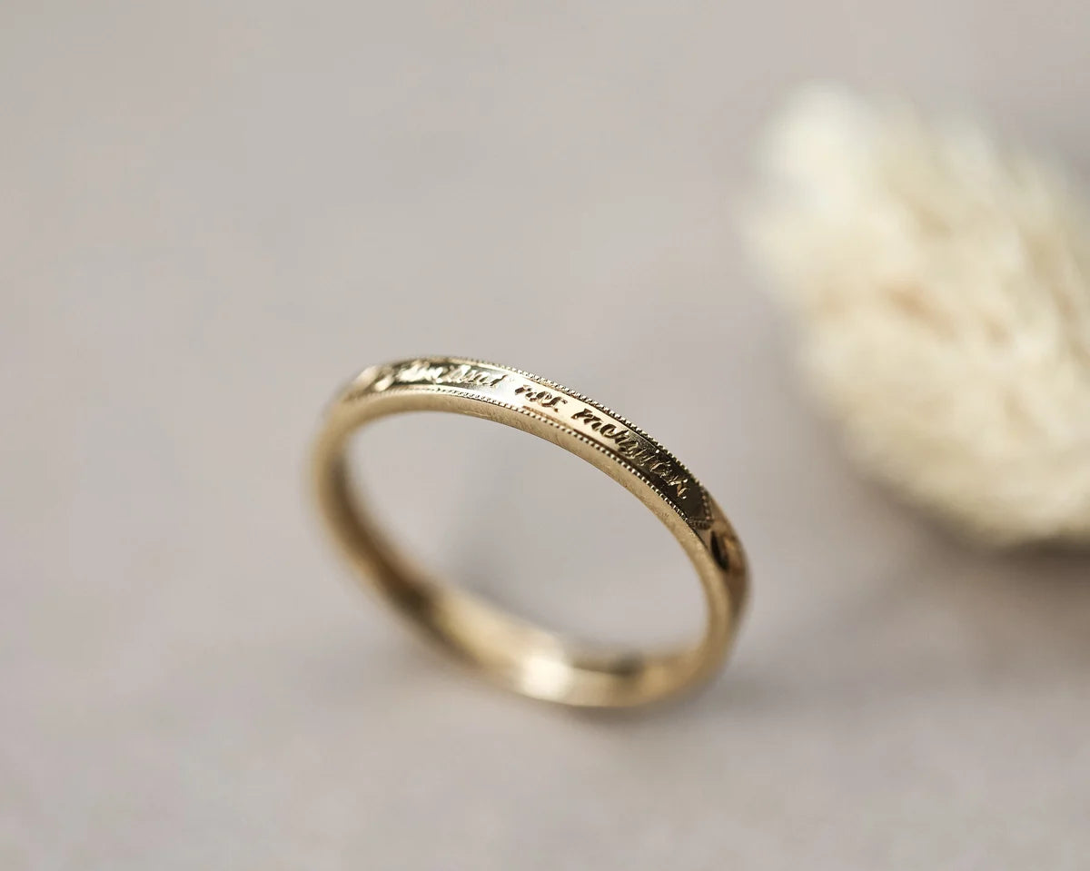 latin engraving detail gold wedding ring inscription 18ct
