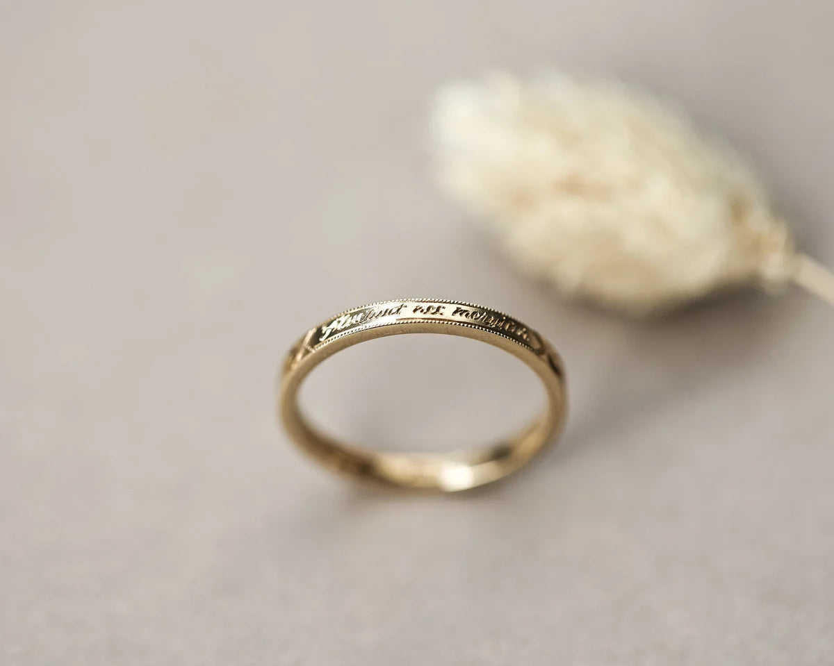 latin engraving detail gold wedding ring inscription 18ct