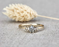 A gold ring with a central round clear gemstone and two baguette-cut side stones, displayed on a textured gray fabric surface with a blurred dried grass stem in the background.