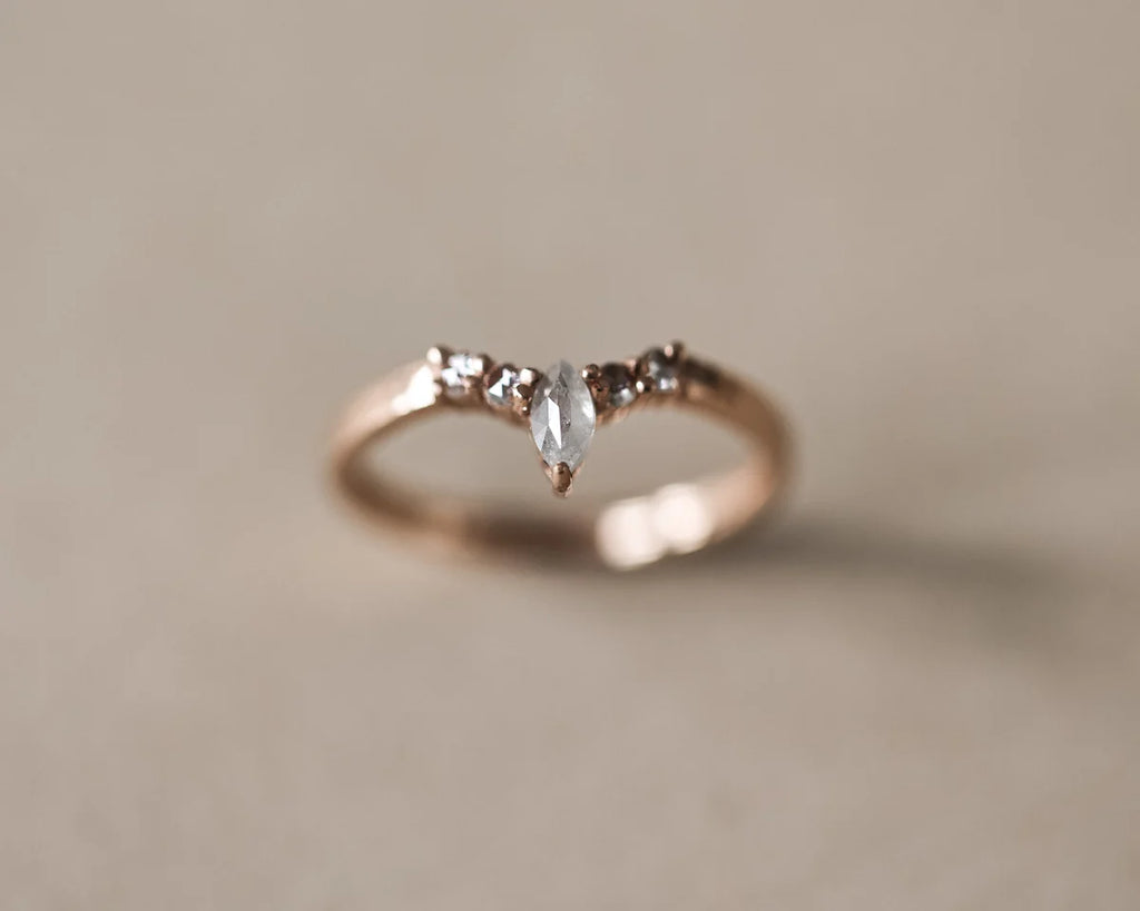  One-of-a-kind milky grey marquise diamond wishbone ring in 18ct rose gold